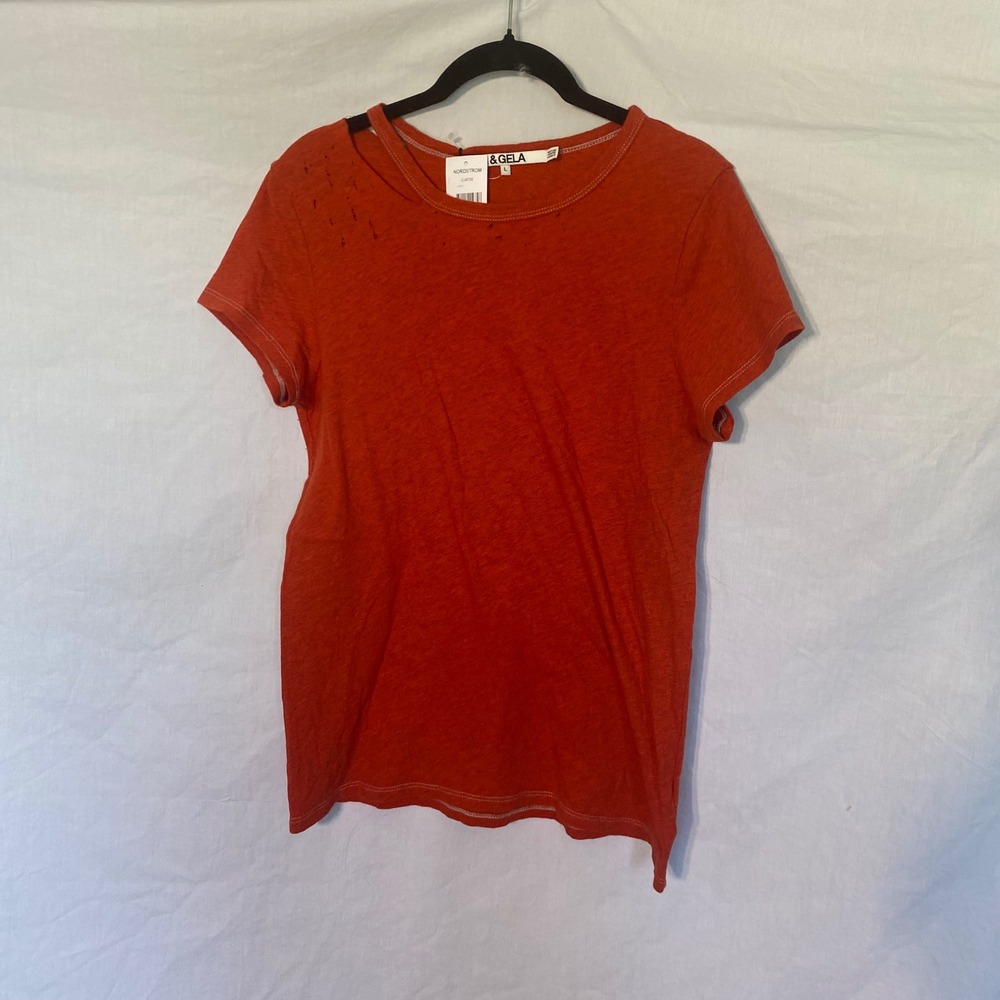 Pam‎ & Gela Womens Destroyed Tee Poppy Orange Red CJ8735 Short Sleeve Shirt L